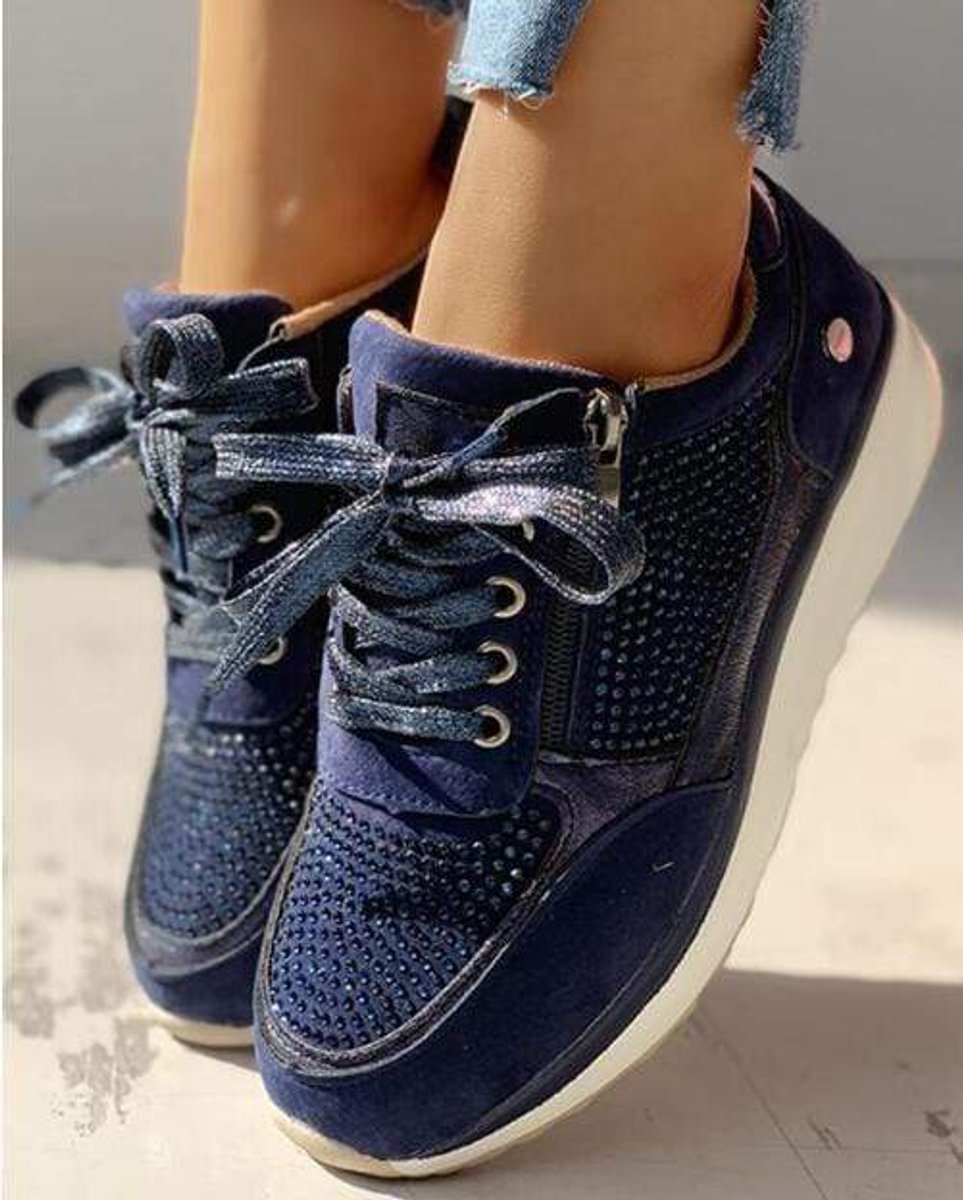 Women's Comfort Sneakers Lace-Up Crystal Detail Side-Zip Trainers - Navy