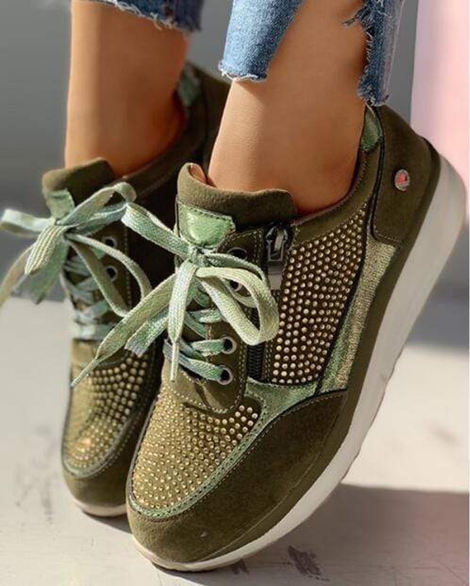 Women's Comfort Sneakers Lace-Up Crystal Detail Side-Zip Trainers - Army Green