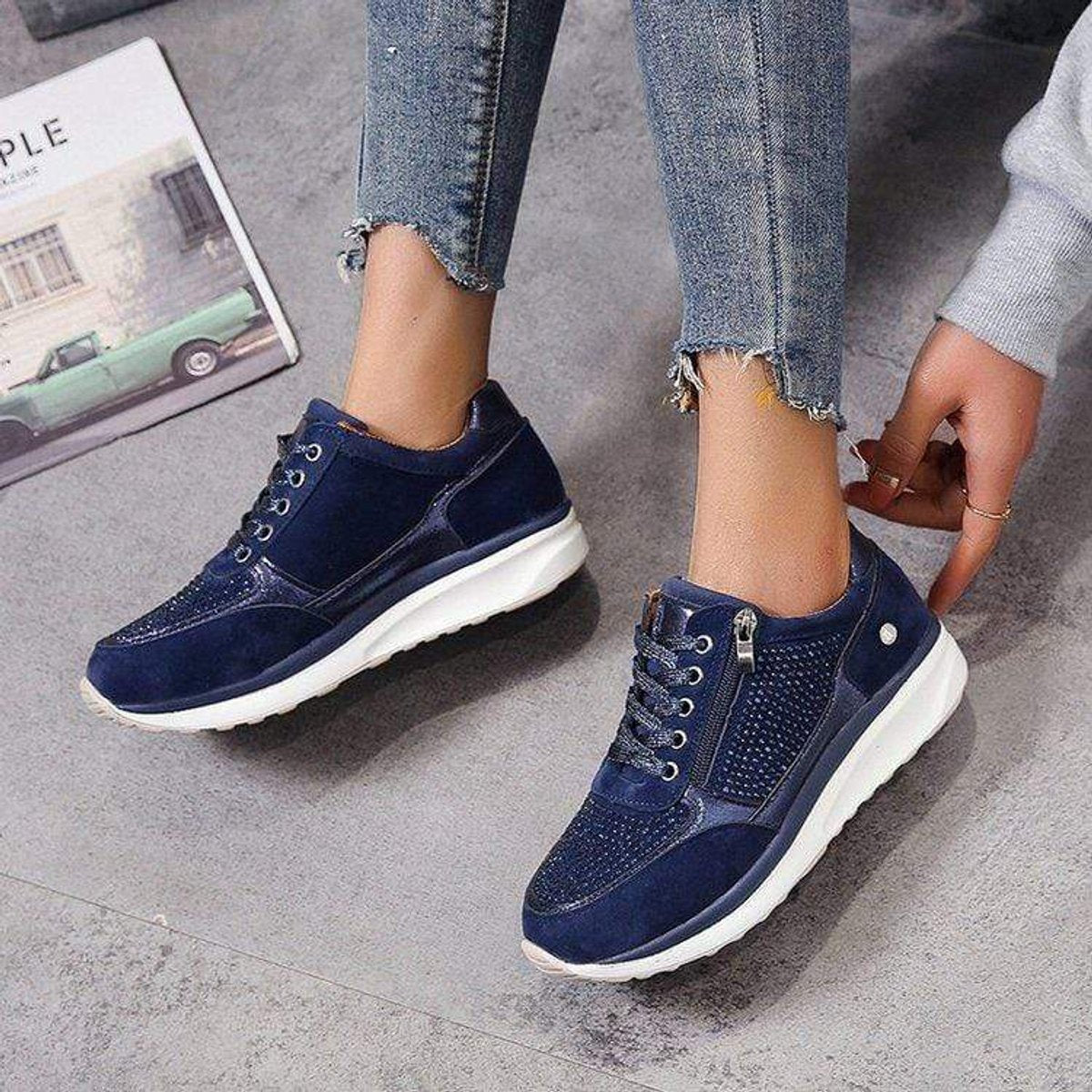 Women's Comfort Sneakers Lace-Up Crystal Detail Side-Zip Trainers