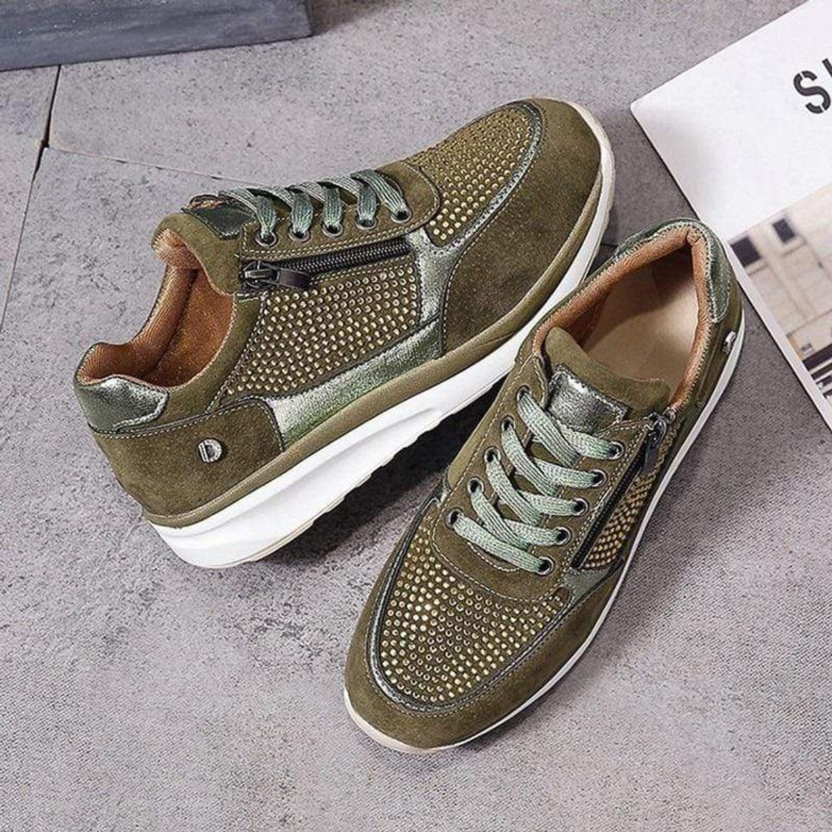 Women's Comfort Sneakers Lace-Up Crystal Detail Side-Zip Trainers