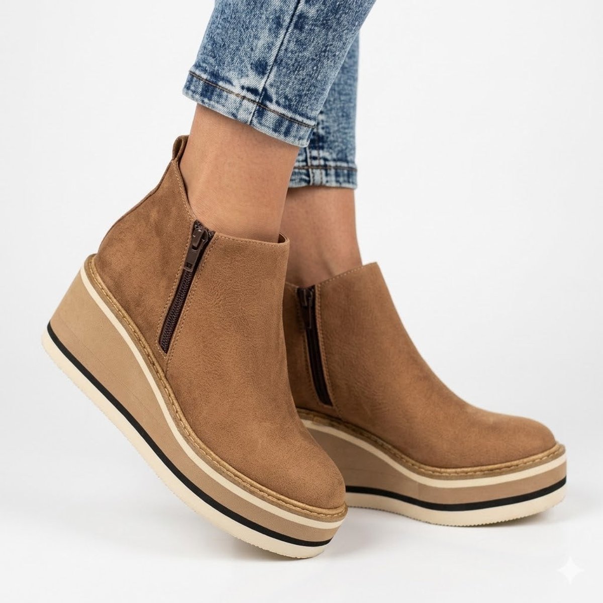 Women's Comfort Sneakers Platform Wedge Zip Ankle Boots - Beige