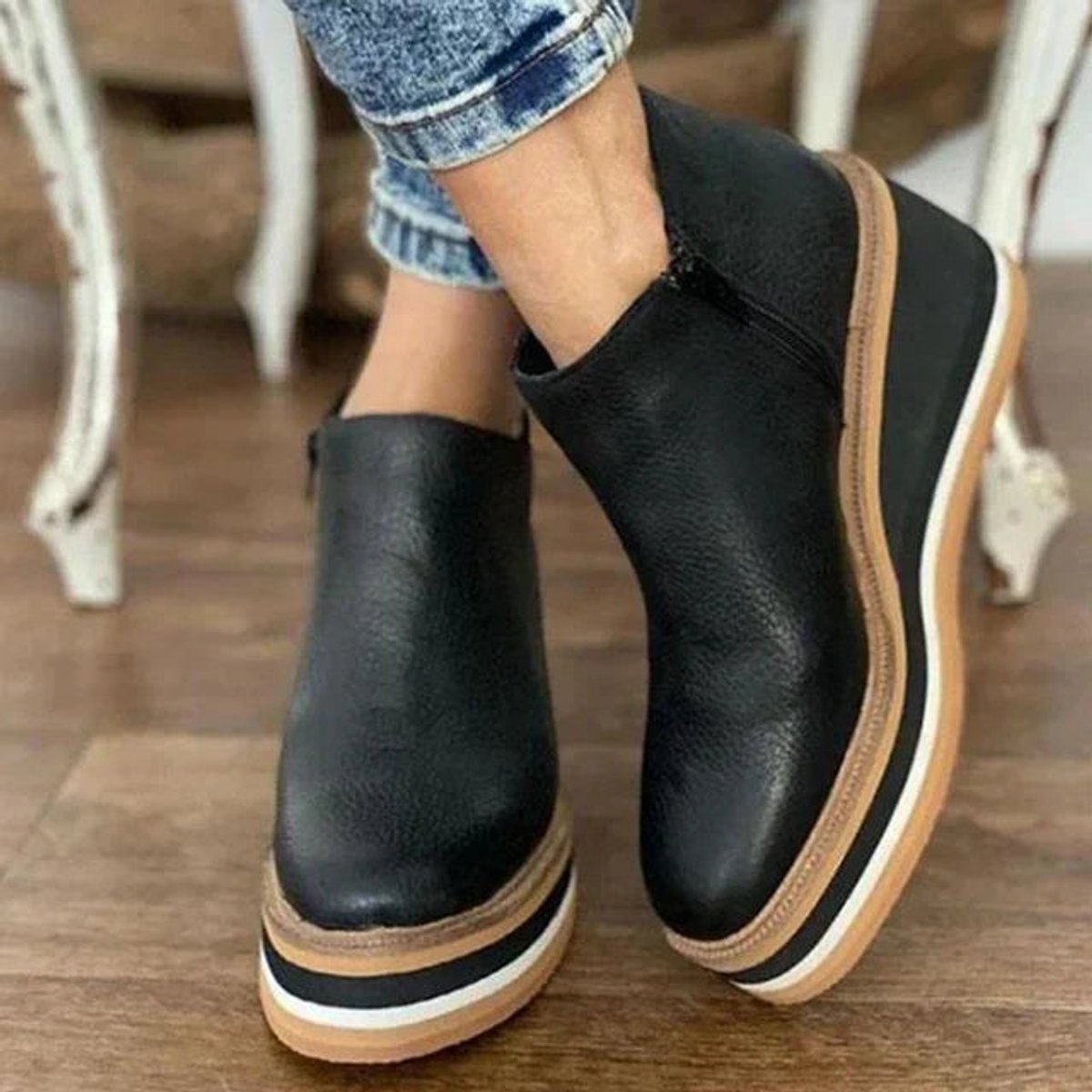 Women's Comfort Sneakers Platform Wedge Zip Ankle Boots - Black