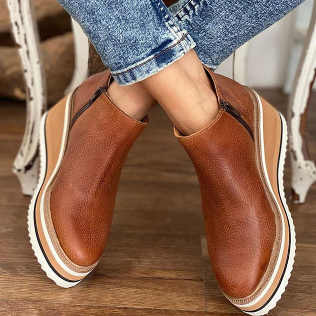 Women's Comfort Sneakers Platform Wedge Zip Ankle Boots - Dark Brown