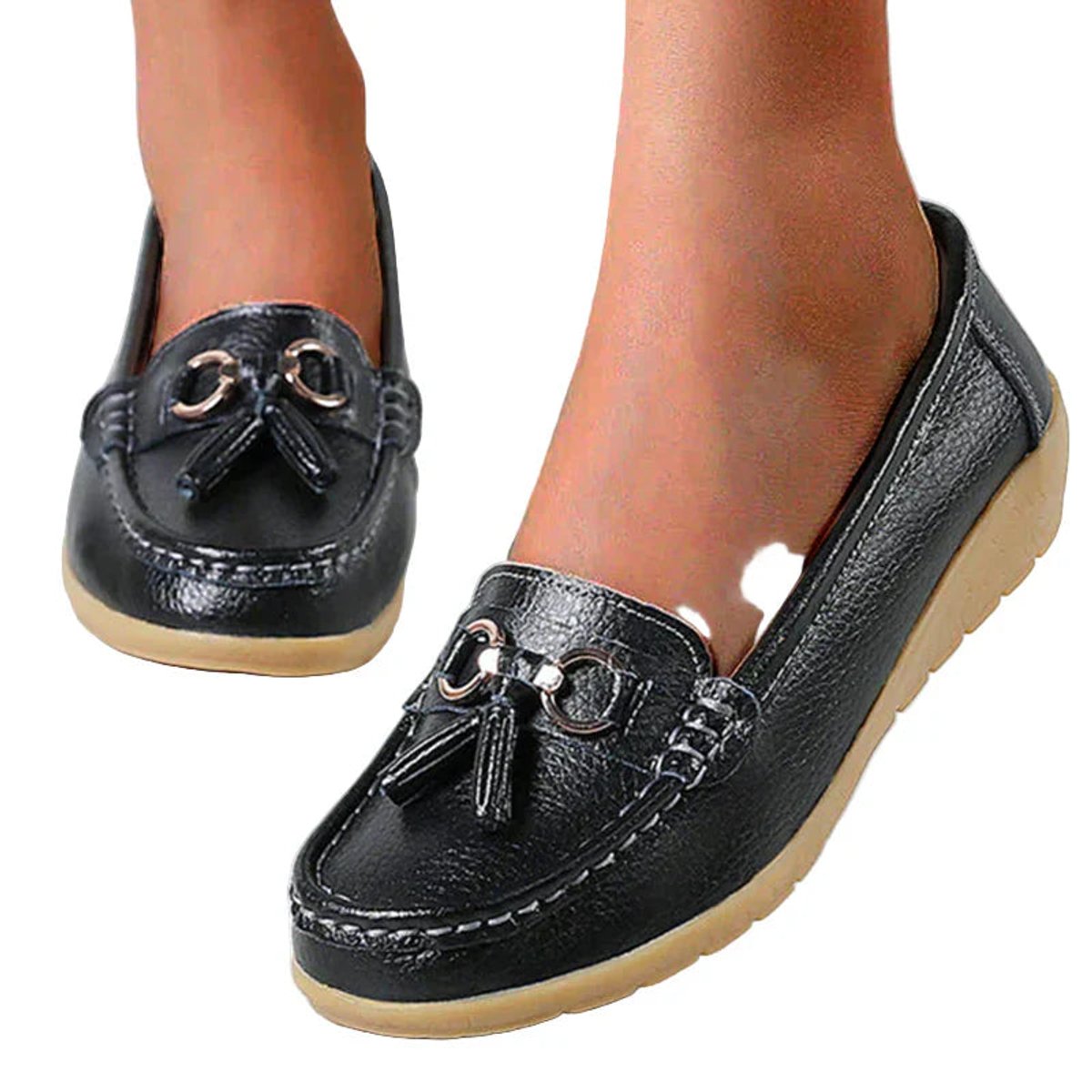 Women's Comfort Tassel Loafers Cushioned Wedge Slip-On Flats - Black