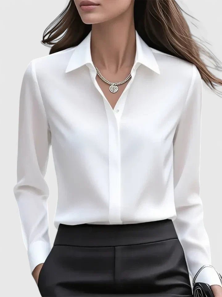 Women's Concealed-Placket Satin Long-Sleeve Button-Down Shirt - White