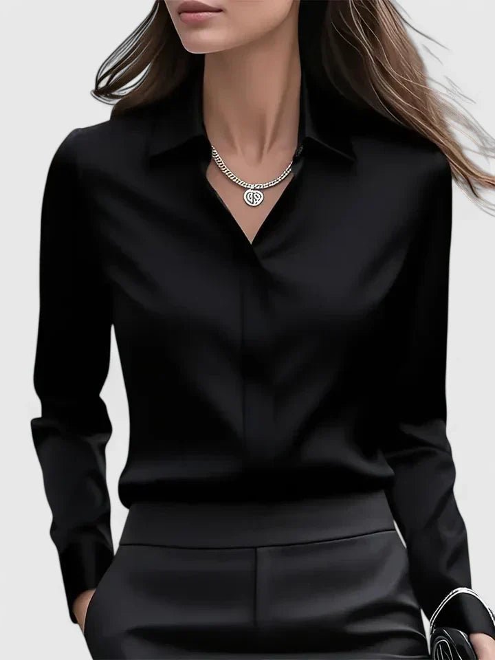 Women's Concealed-Placket Satin Long-Sleeve Button-Down Shirt - Black