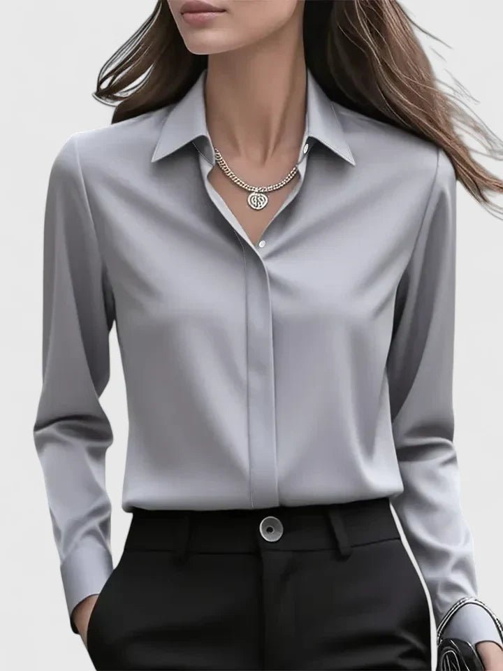 Women's Concealed-Placket Satin Long-Sleeve Button-Down Shirt - Gray
