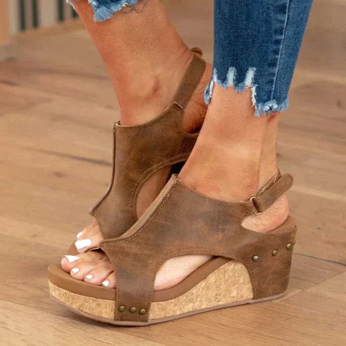 Women's Cork Wedge Comfort Sandals Faux Leather Open Toe