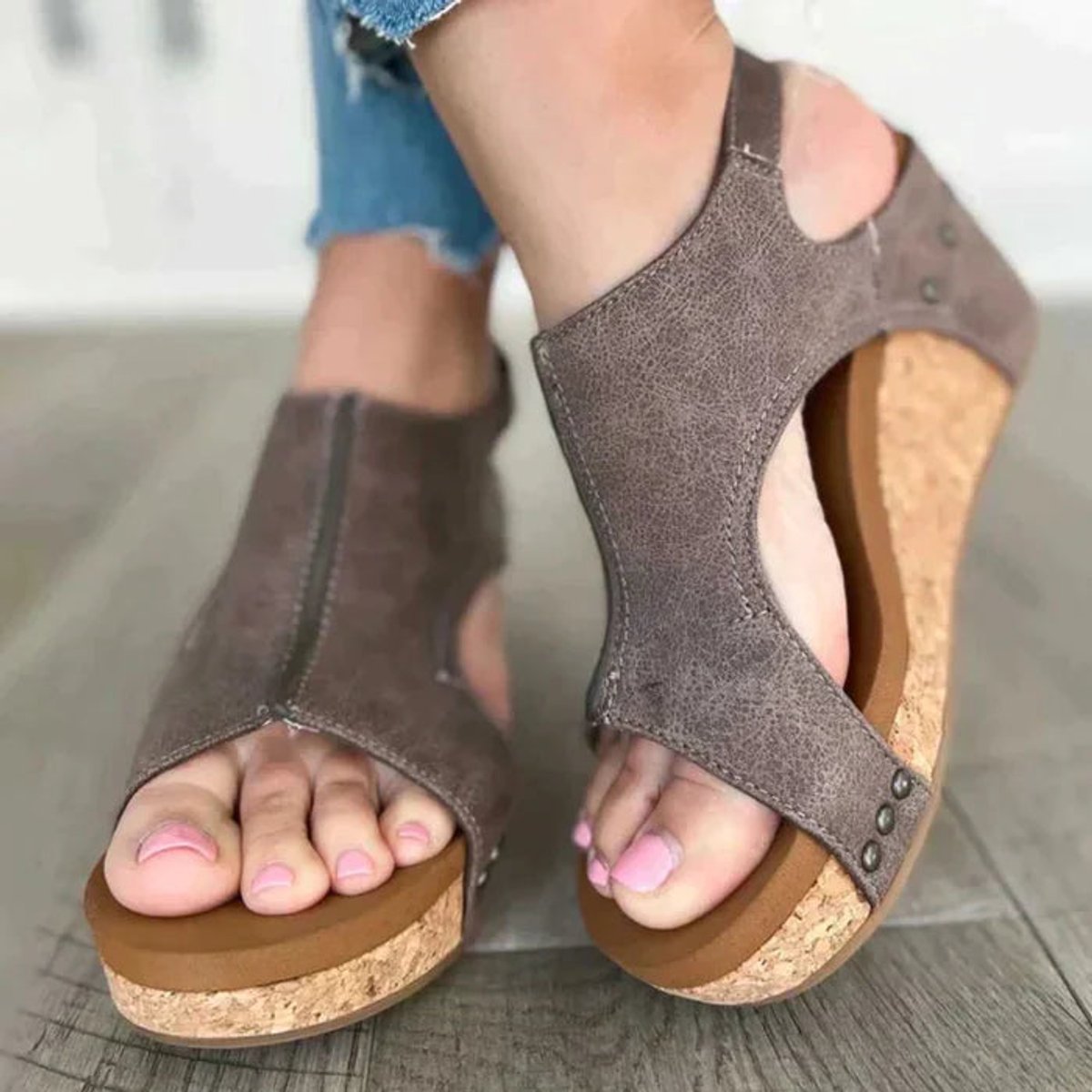 Women's Cork Wedge Comfort Sandals Faux Leather Open Toe - Taupe