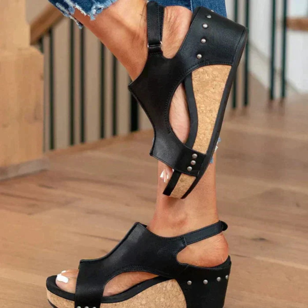 Women's Cork Wedge Comfort Sandals Faux Leather Open Toe