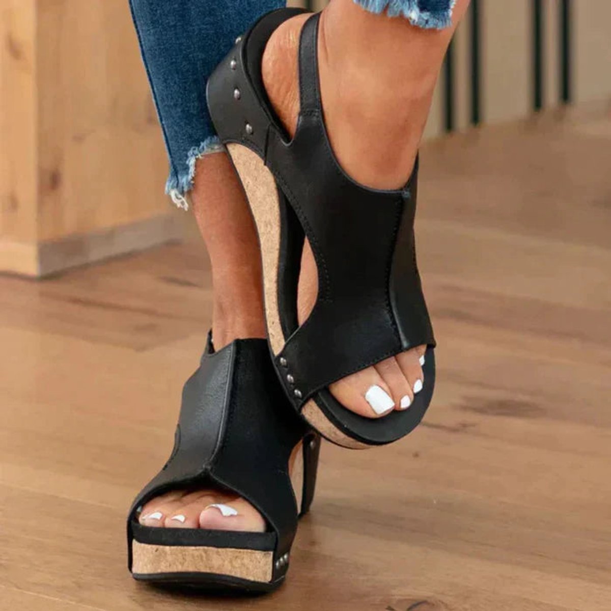 Women's Cork Wedge Comfort Sandals Faux Leather Open Toe