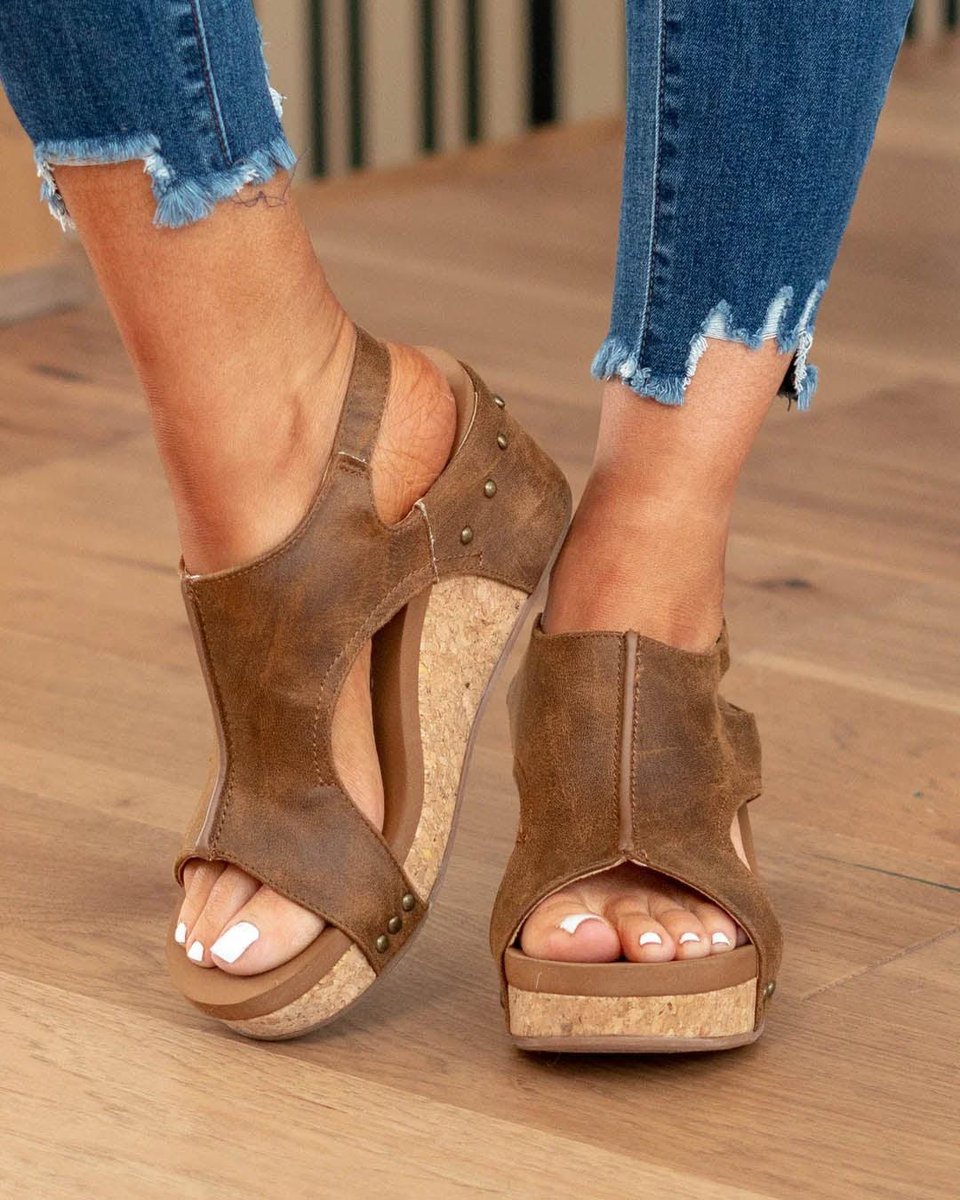 Women's Cork Wedge Cut-Out Comfort Sandals Open Toe Platform - Brown