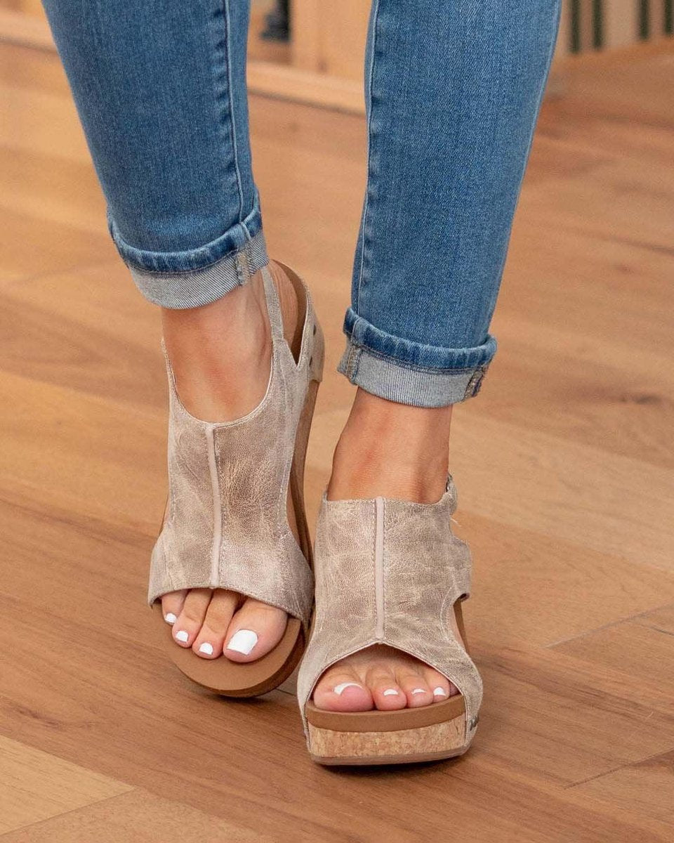 Women's Cork Wedge Cut-Out Comfort Sandals Open Toe Platform - Beige