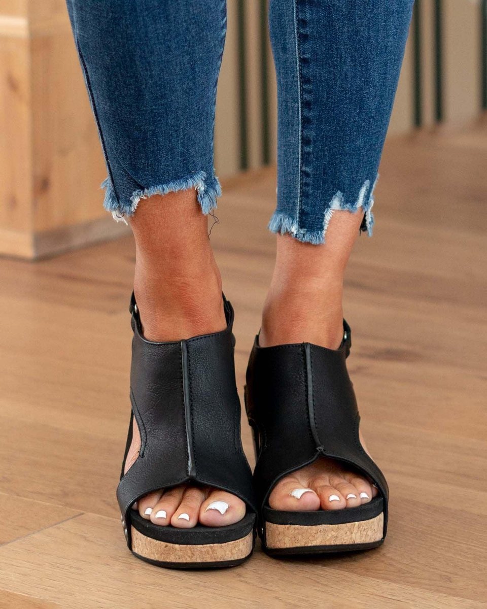 Women's Cork Wedge Cut-Out Comfort Sandals Open Toe Platform - Black