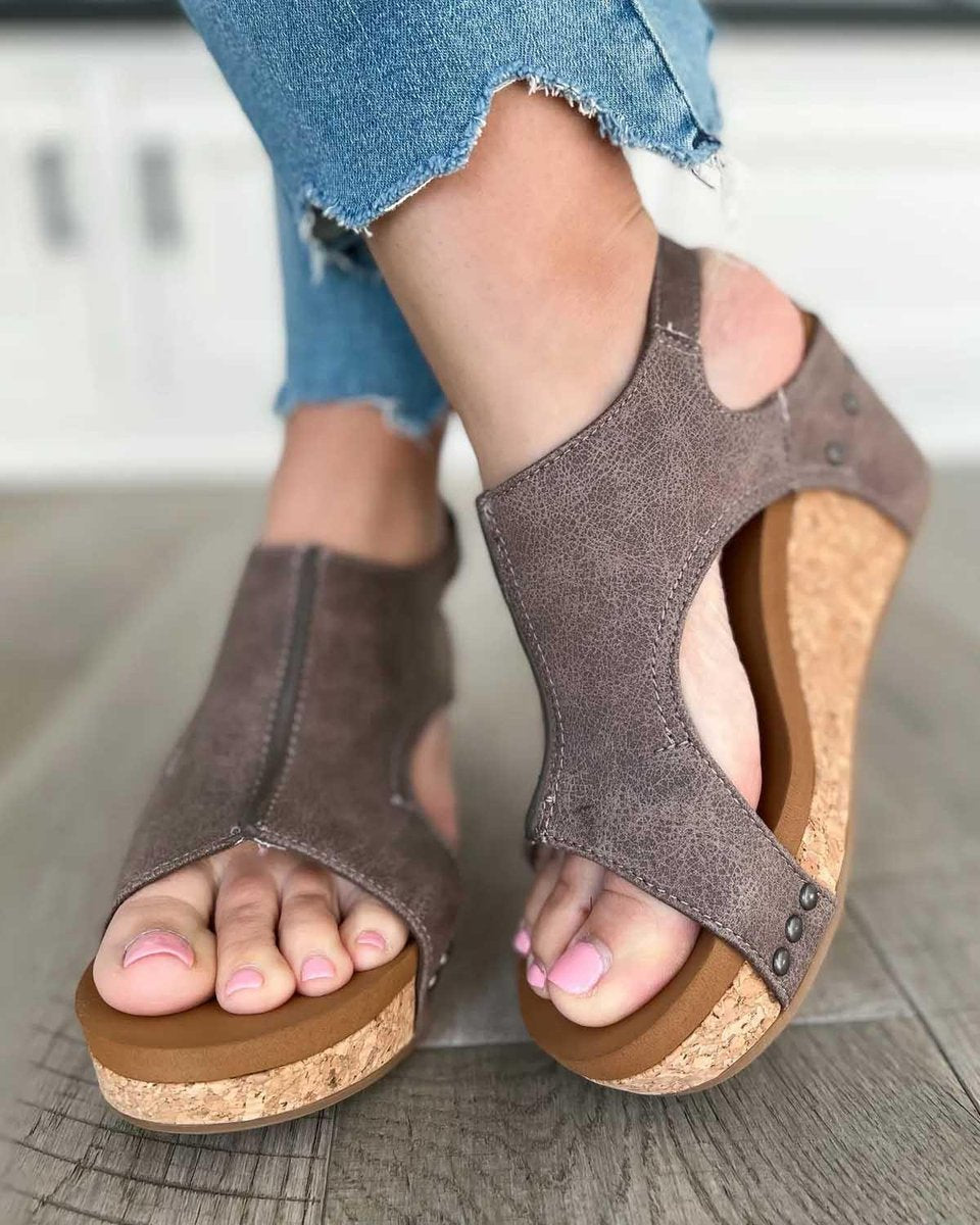 Women's Cork Wedge Cut-Out Comfort Sandals Open Toe Platform - Taupe