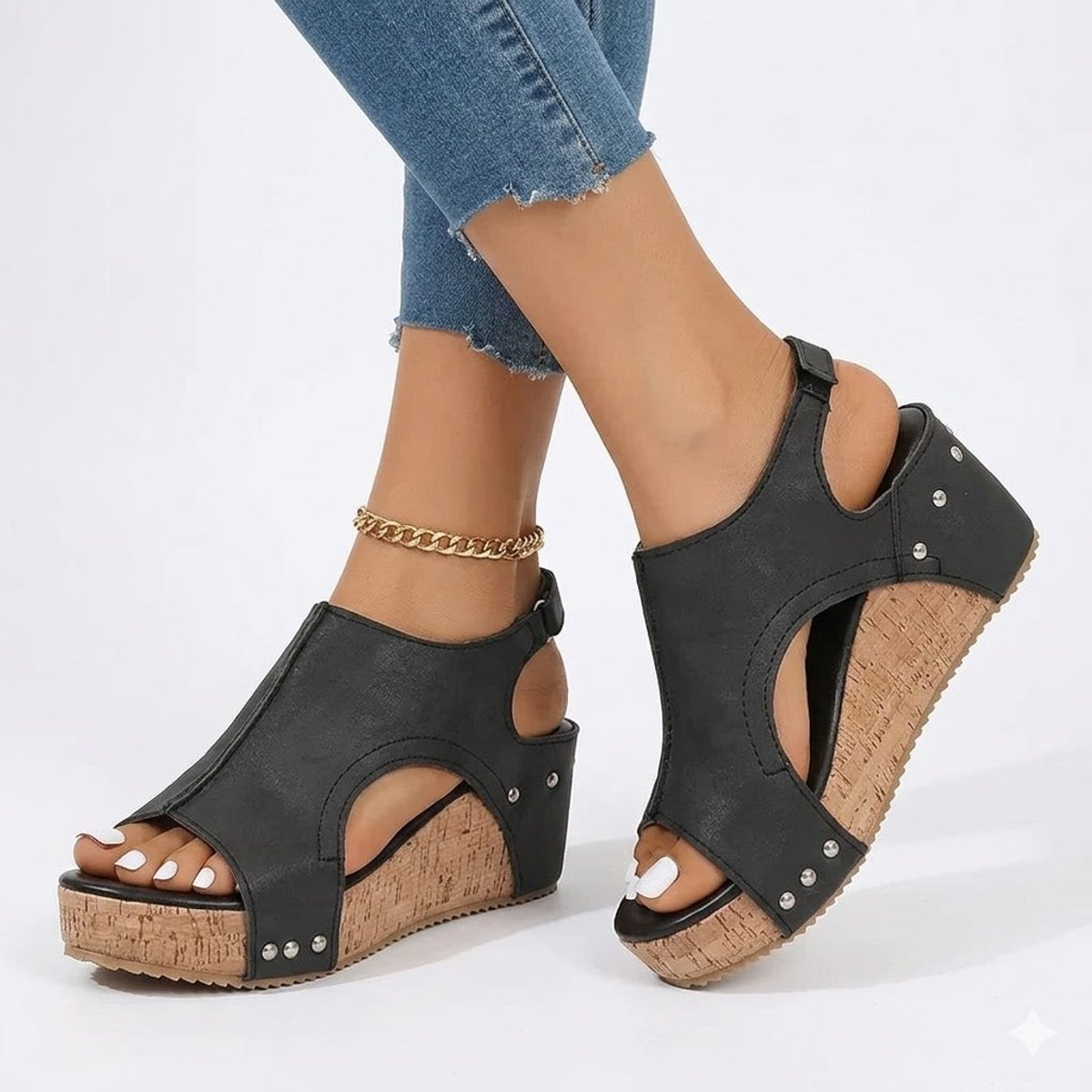 Women's Cork Wedge Open-Toe Comfort Sandals Adjustable Ankle Strap - Black