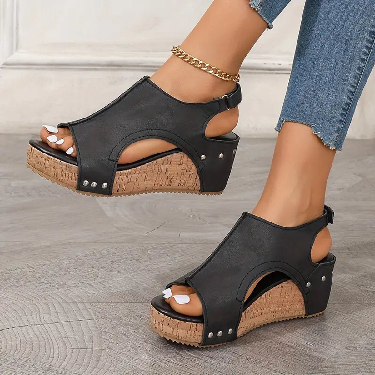 Women's Cork Wedge Open-Toe Comfort Sandals Adjustable Ankle Strap