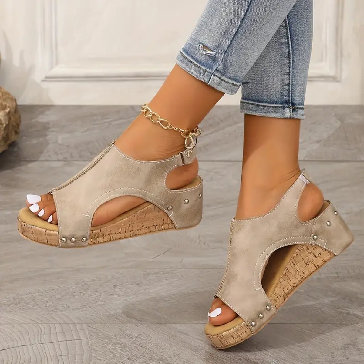 Women's Cork Wedge Open-Toe Comfort Sandals Adjustable Ankle Strap - Off-White