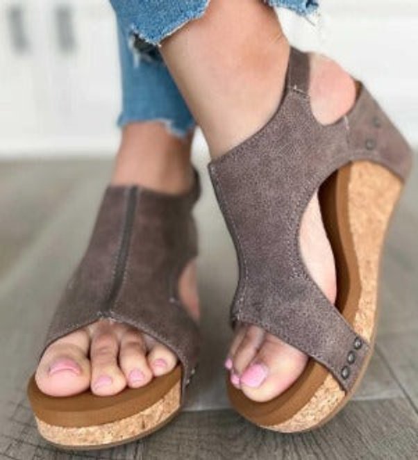 Women's Cork Wedge Open-Toe Comfort Sandals Adjustable Ankle Strap - Dark Brown