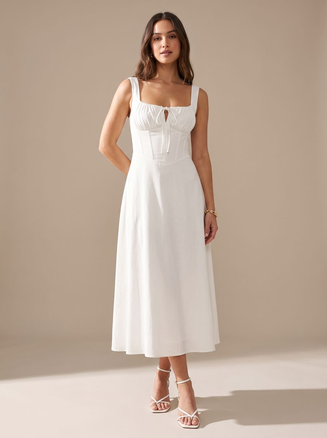 Women's Corset Bodice A-Line Midi Dress Tie-Front - White