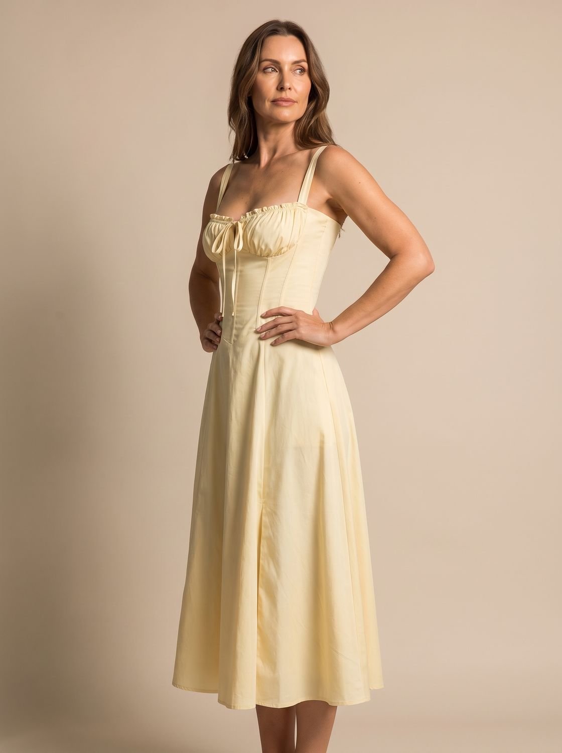 Women's Corset Bodice A-Line Midi Dress Tie-Front - Yellow