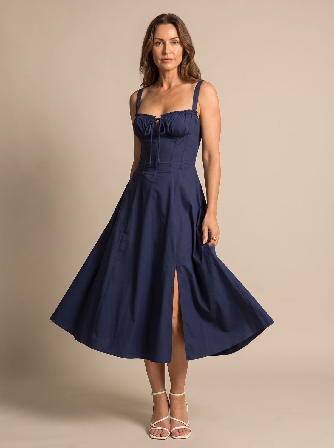 Women's Corset Bodice A-Line Midi Dress Tie-Front - Blue