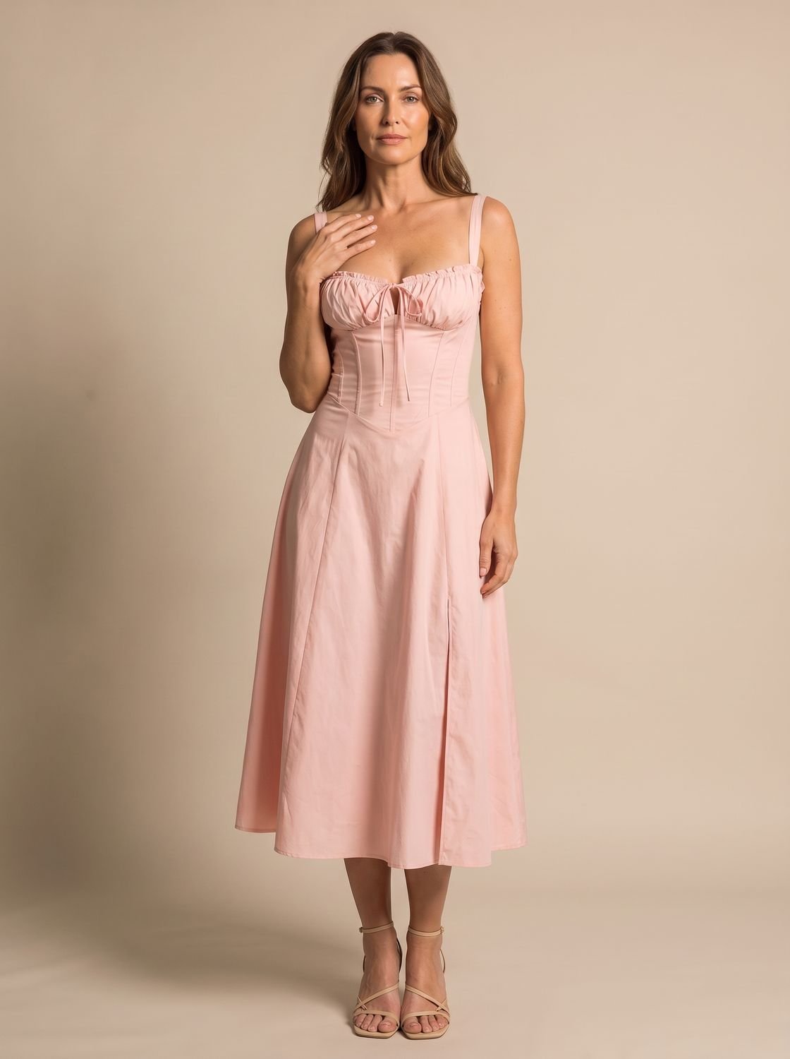 Women's Corset Bodice A-Line Midi Dress Tie-Front - Pink