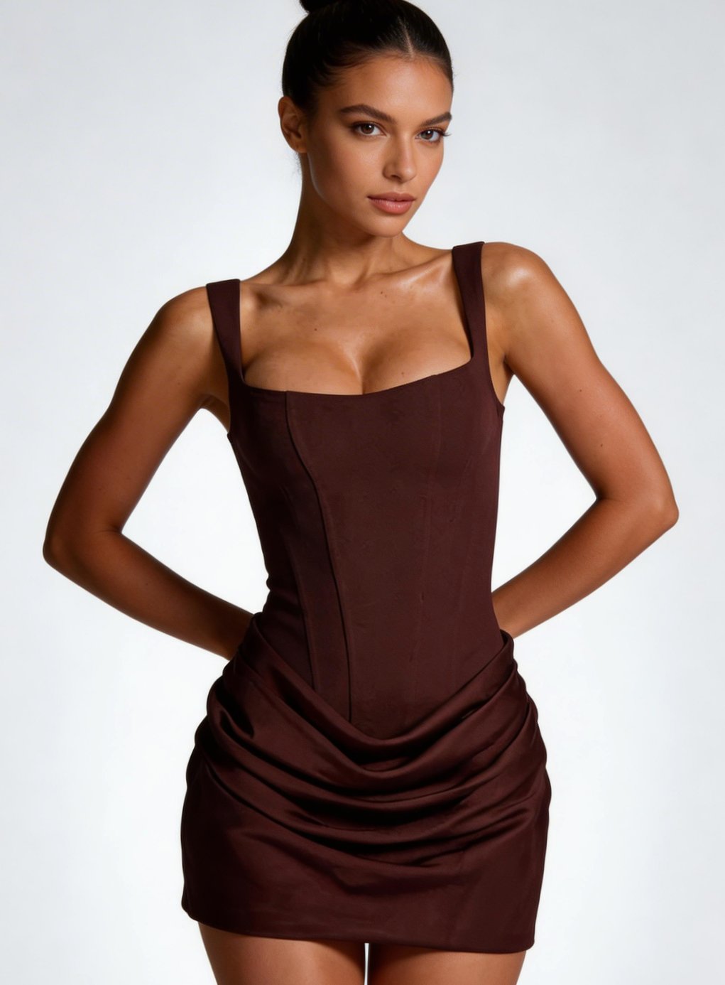Women's Corset-Bodice Draped Mini Dress Square Neckline Wide Straps, Chocolate Brown