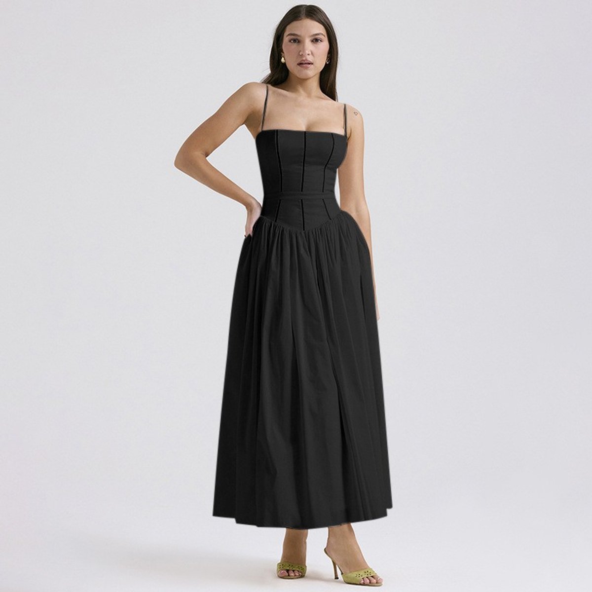 Women's Corset Bodice Flowy Midi Wedding Guest Dress - 7