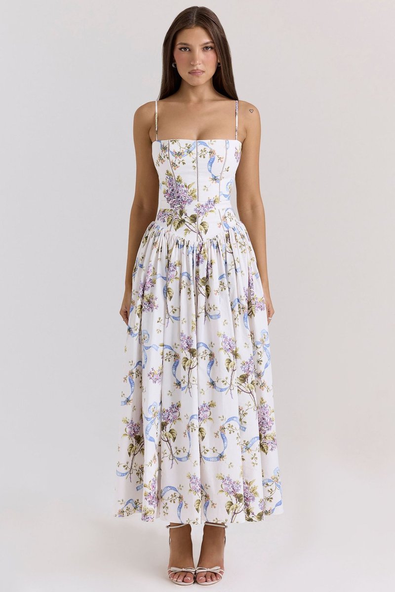 Women's Corset Bodice Flowy Midi Wedding Guest Dress - 6