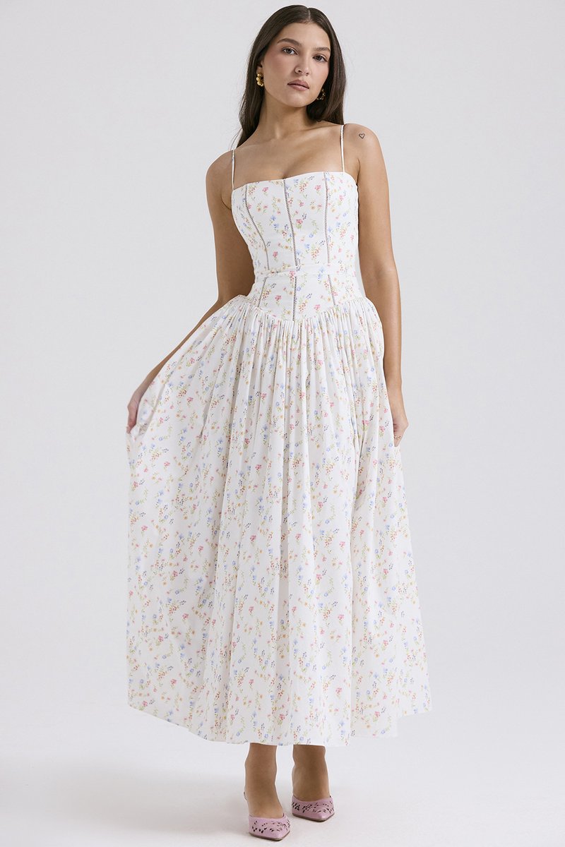 Women's Corset Bodice Flowy Midi Wedding Guest Dress - 5