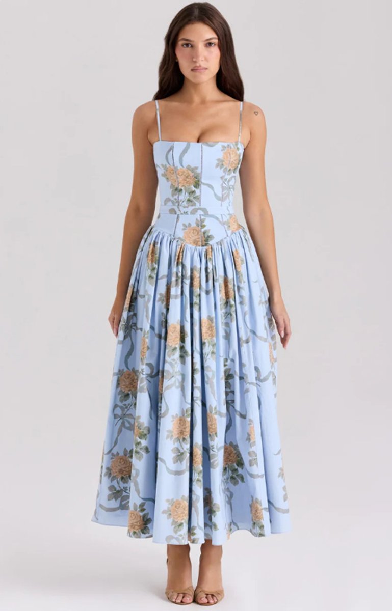 Women's Corset Bodice Flowy Midi Wedding Guest Dress - 4