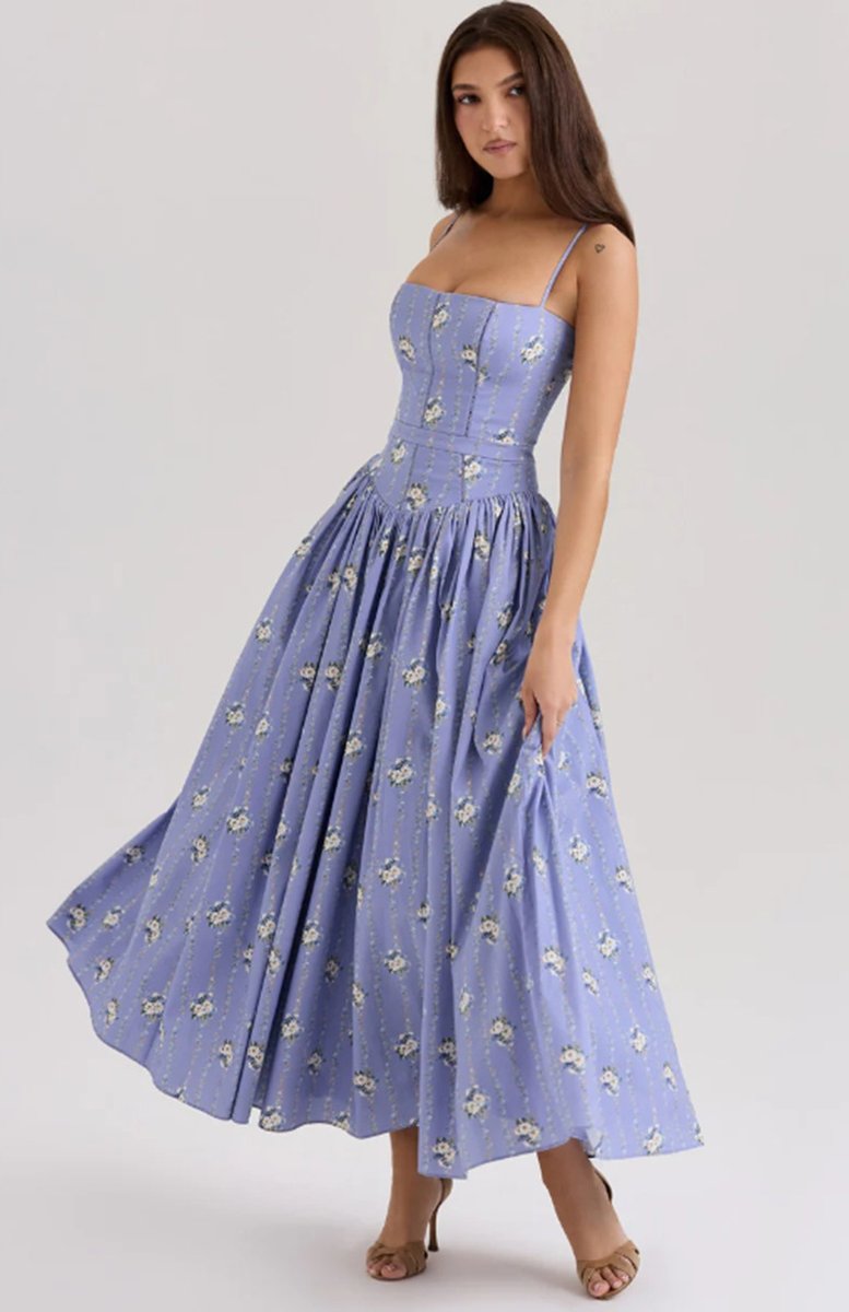 Women's Corset Bodice Flowy Midi Wedding Guest Dress - 3