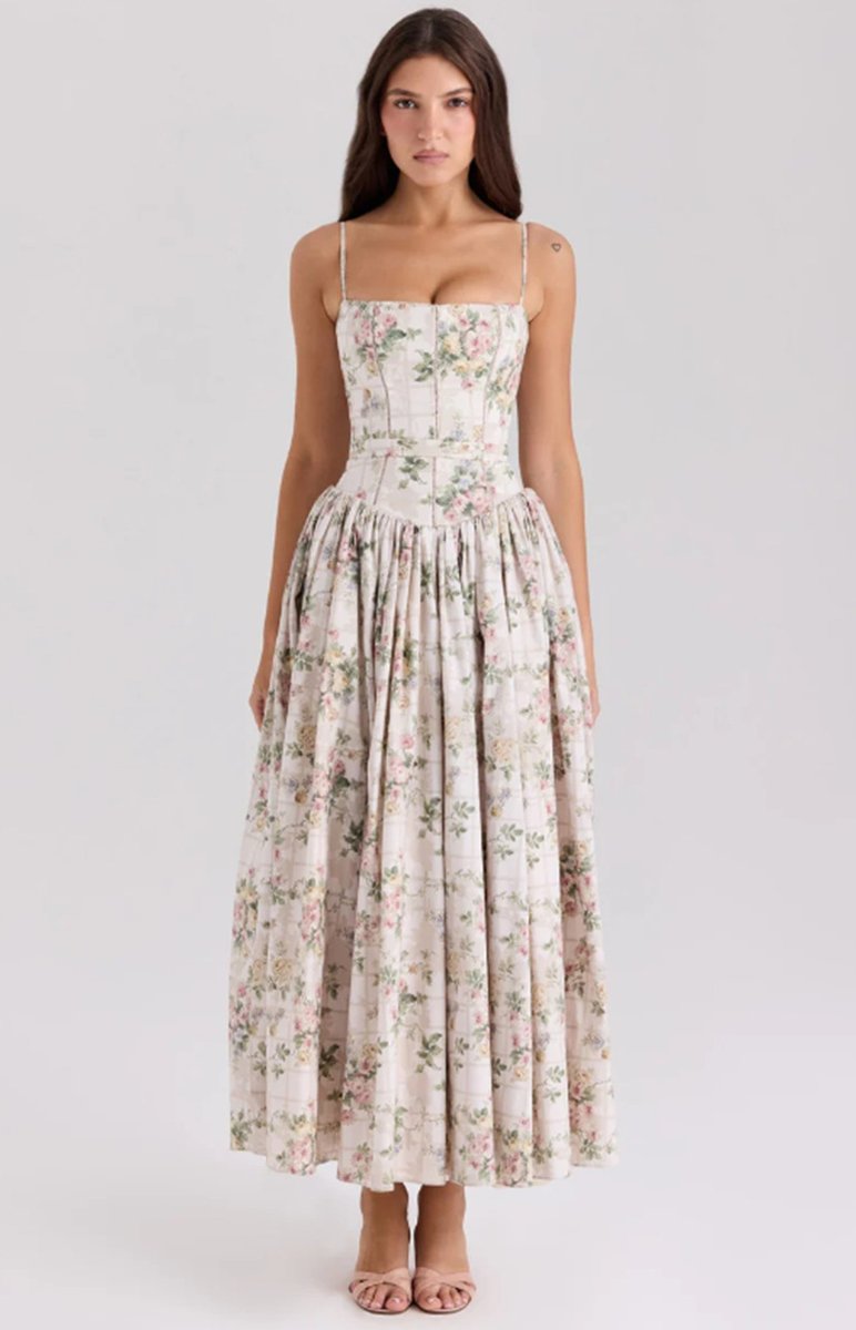 Women's Corset Bodice Flowy Midi Wedding Guest Dress - 2