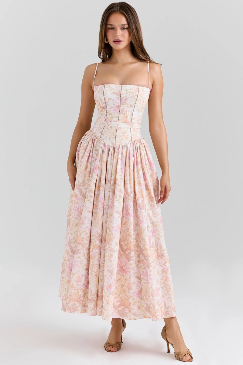Women's Corset Bodice Flowy Midi Wedding Guest Dress - 1