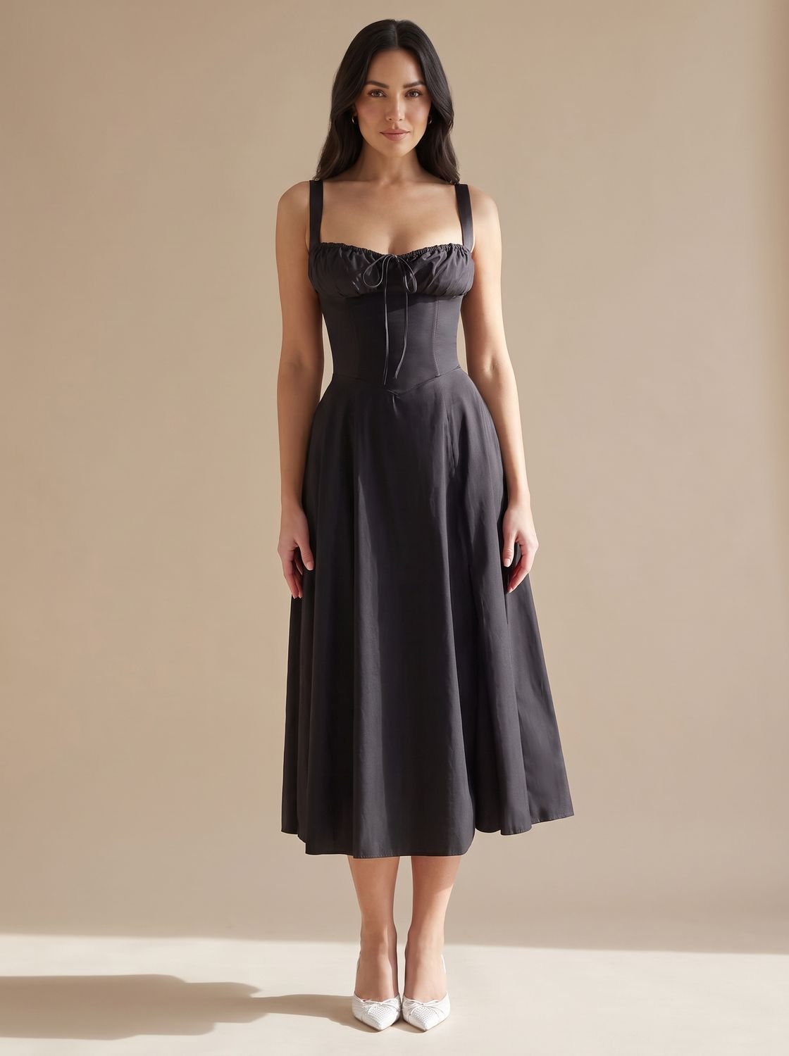 Women's Corset-Bodice Ruched Sweetheart A-Line Midi Dress - Black