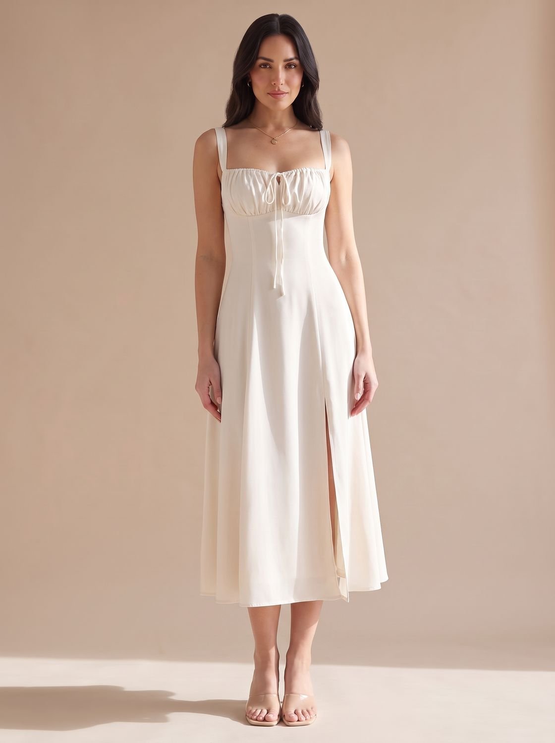 Women's Corset-Bodice Ruched Sweetheart A-Line Midi Dress - White