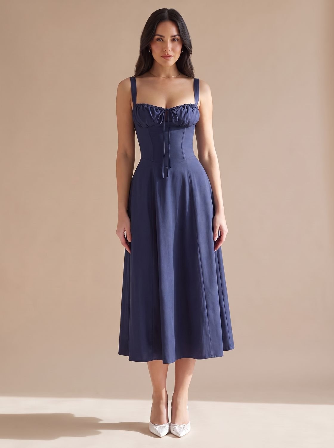 Women's Corset-Bodice Ruched Sweetheart A-Line Midi Dress - Navy Blue
