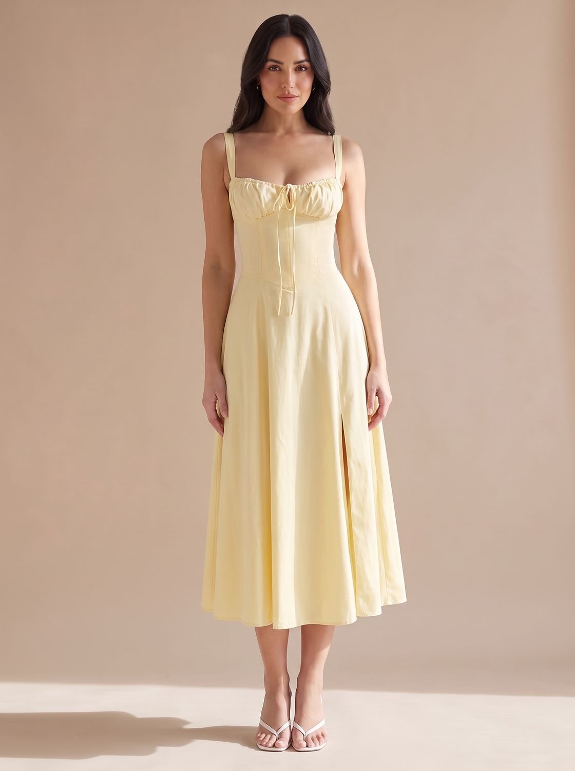 Women's Corset-Bodice Ruched Sweetheart A-Line Midi Dress - Yellow