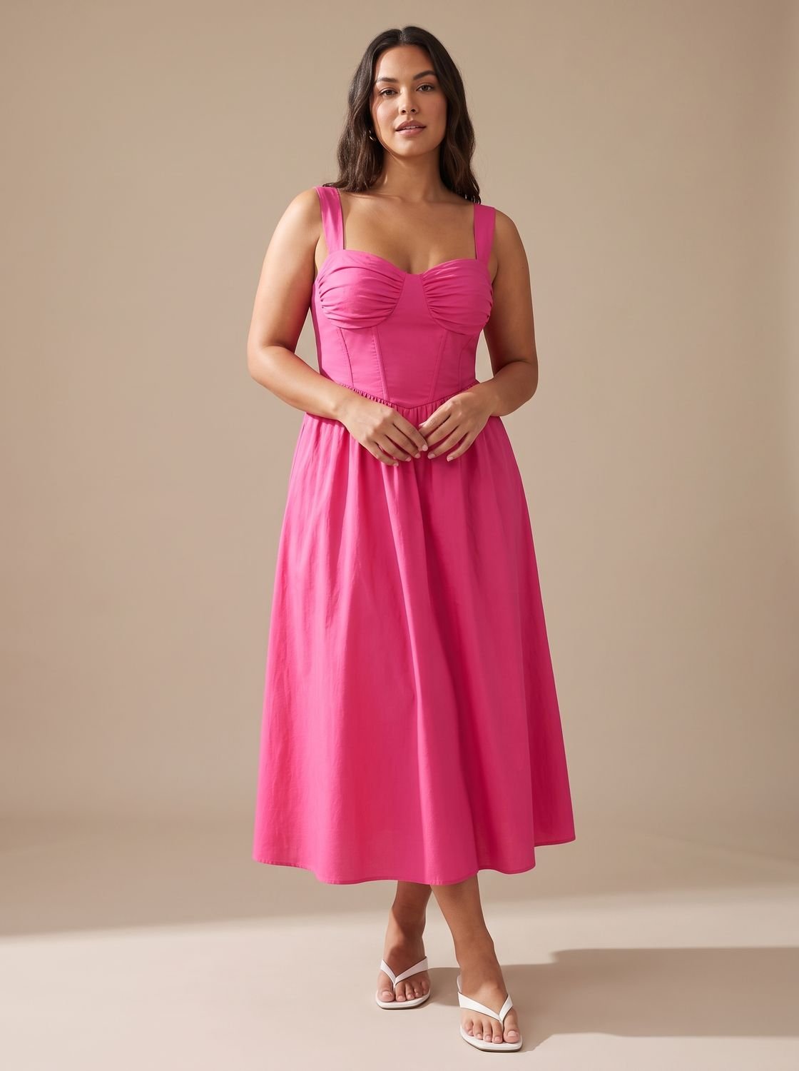 Women's Corset-Bodice Ruched Sweetheart A-Line Midi Dress - Pink