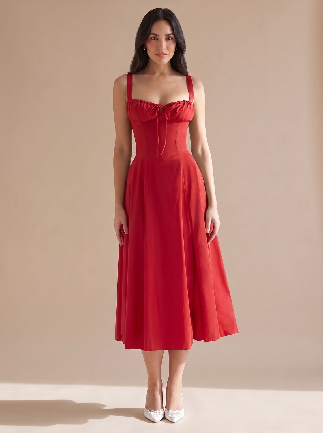 Women's Corset-Bodice Ruched Sweetheart A-Line Midi Dress - Red