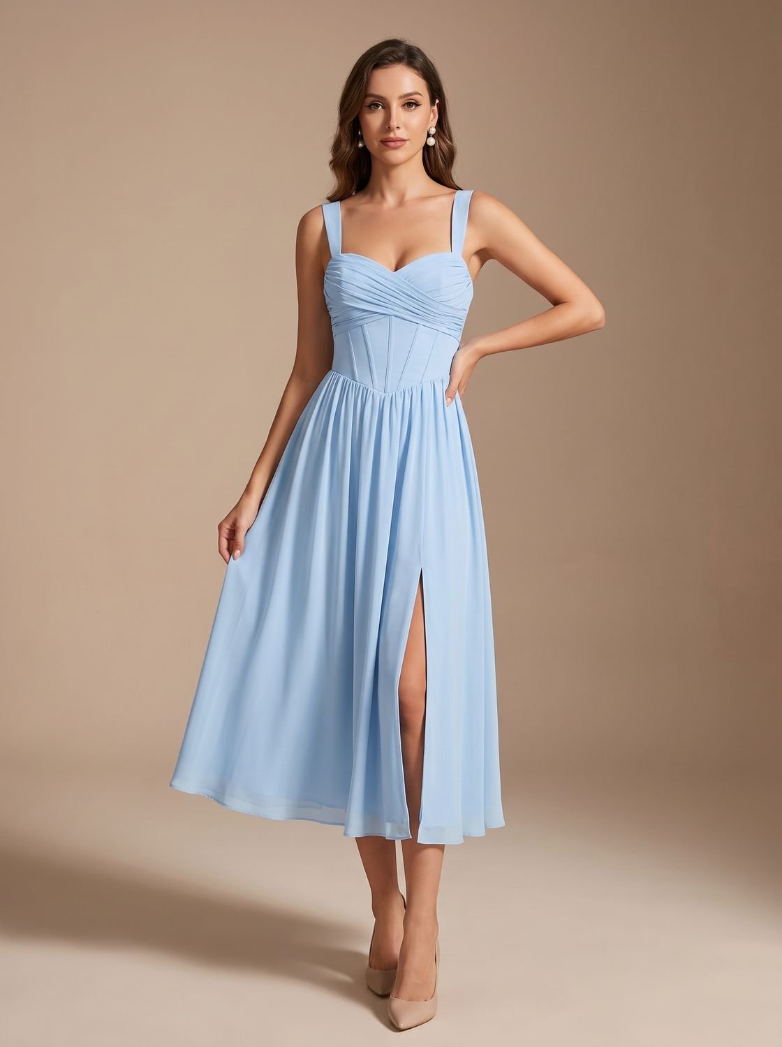 Women's Corset-Bodice Ruched Sweetheart A-Line Midi Dress - Sky Blue