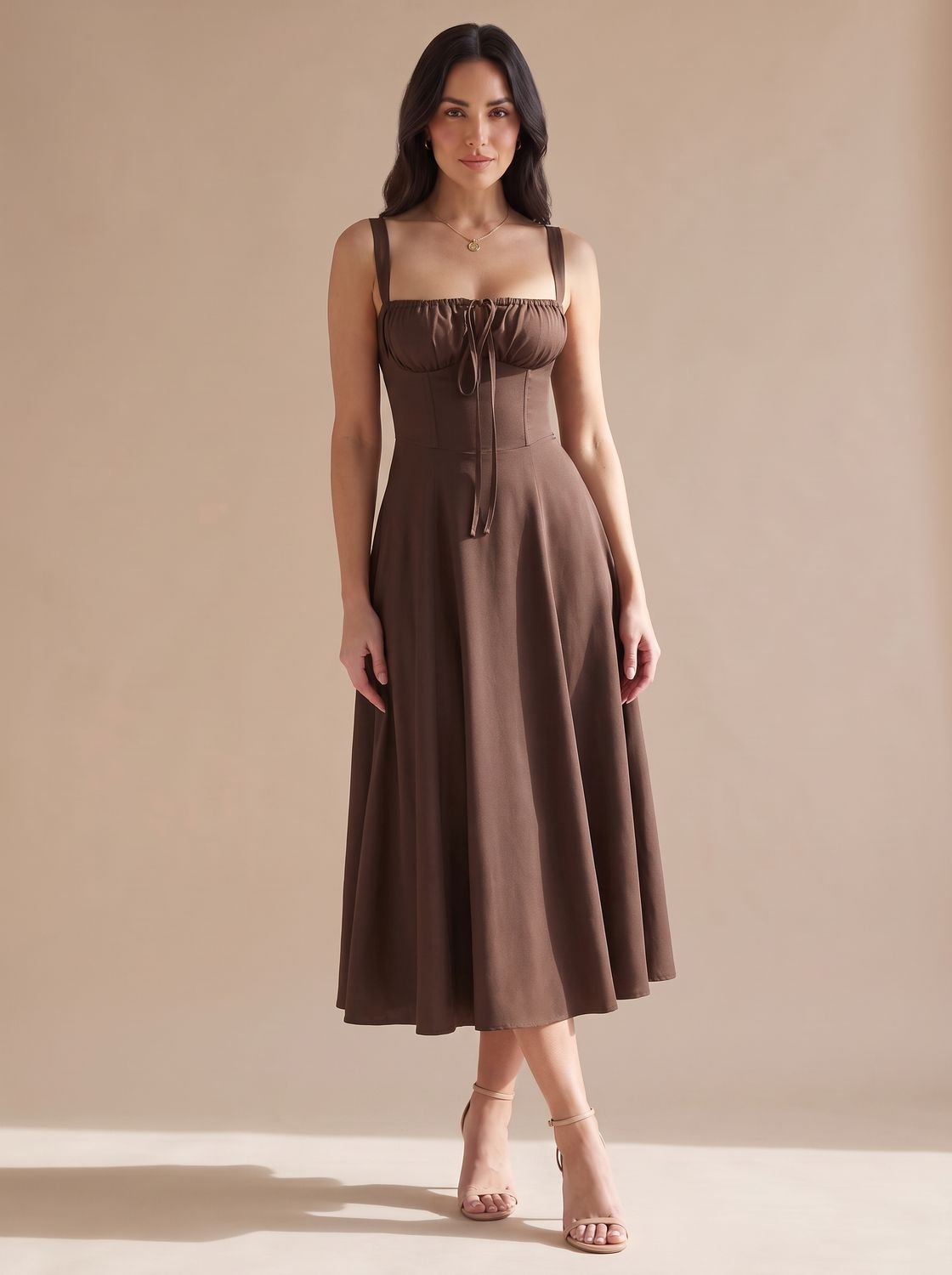 Women's Corset-Bodice Ruched Sweetheart A-Line Midi Dress - Dark Brown