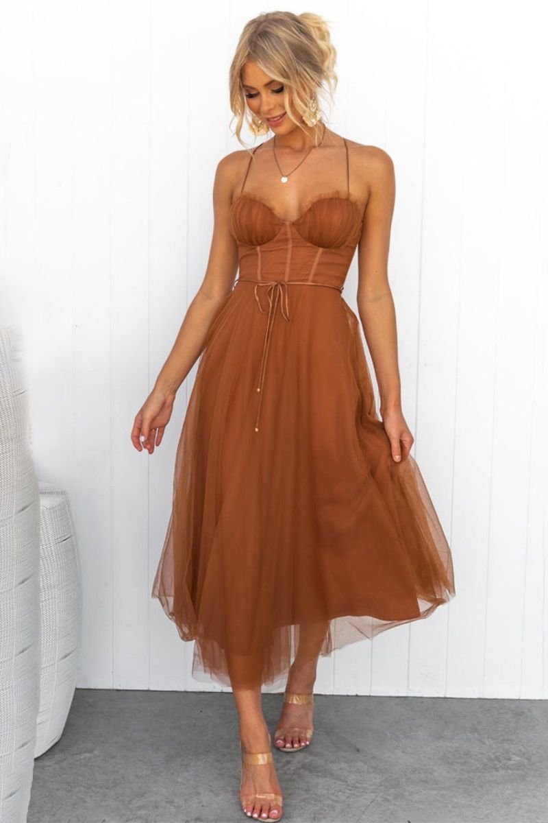 Women's Corset Bodice Tulle Midi Formal Evening Dress Sweetheart Neckline - Brown