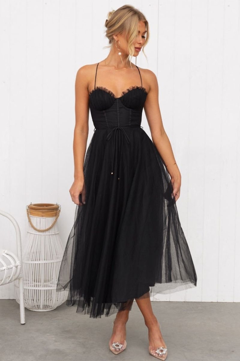 Women's Corset Bodice Tulle Midi Formal Evening Dress Sweetheart Neckline - Black
