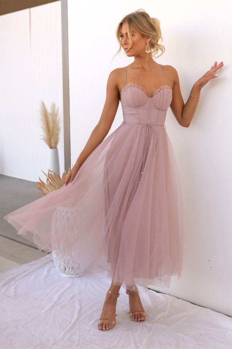 Women's Corset Bodice Tulle Midi Formal Evening Dress Sweetheart Neckline - Pink