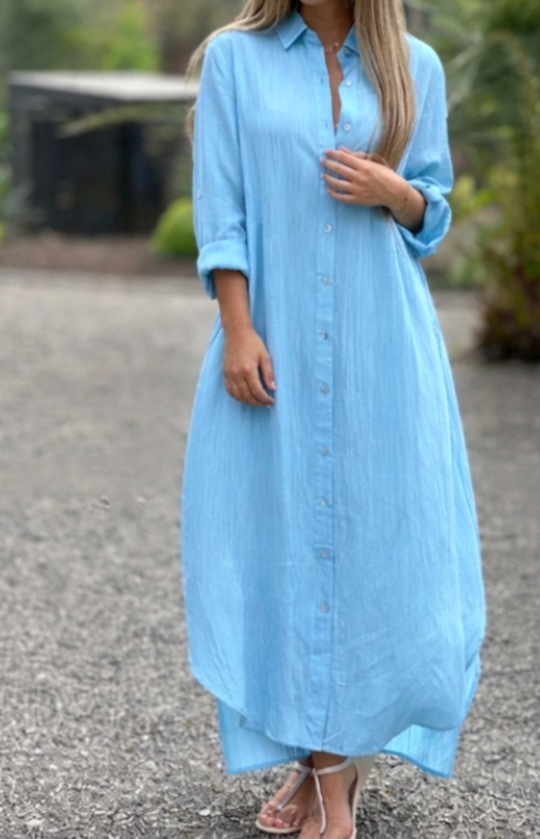 Women's Cotton Hemp Long-Sleeve Loose-Fit Summer Maxi Dress - Light Blue