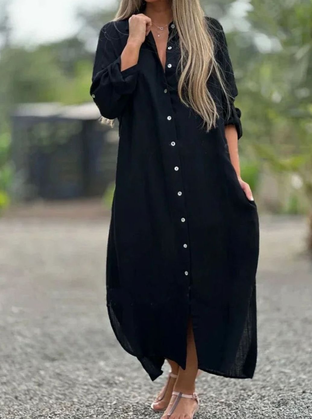 Women's Cotton Hemp Long-Sleeve Loose-Fit Summer Maxi Dress - Black