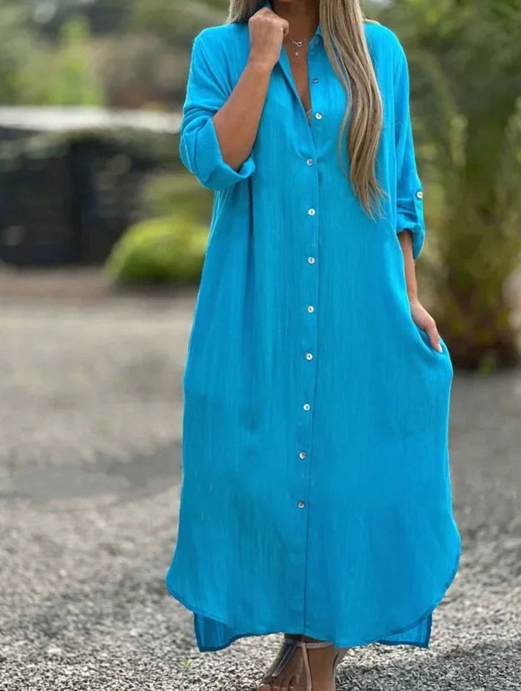 Women's Cotton Hemp Long-Sleeve Loose-Fit Summer Maxi Dress - Baby Blue