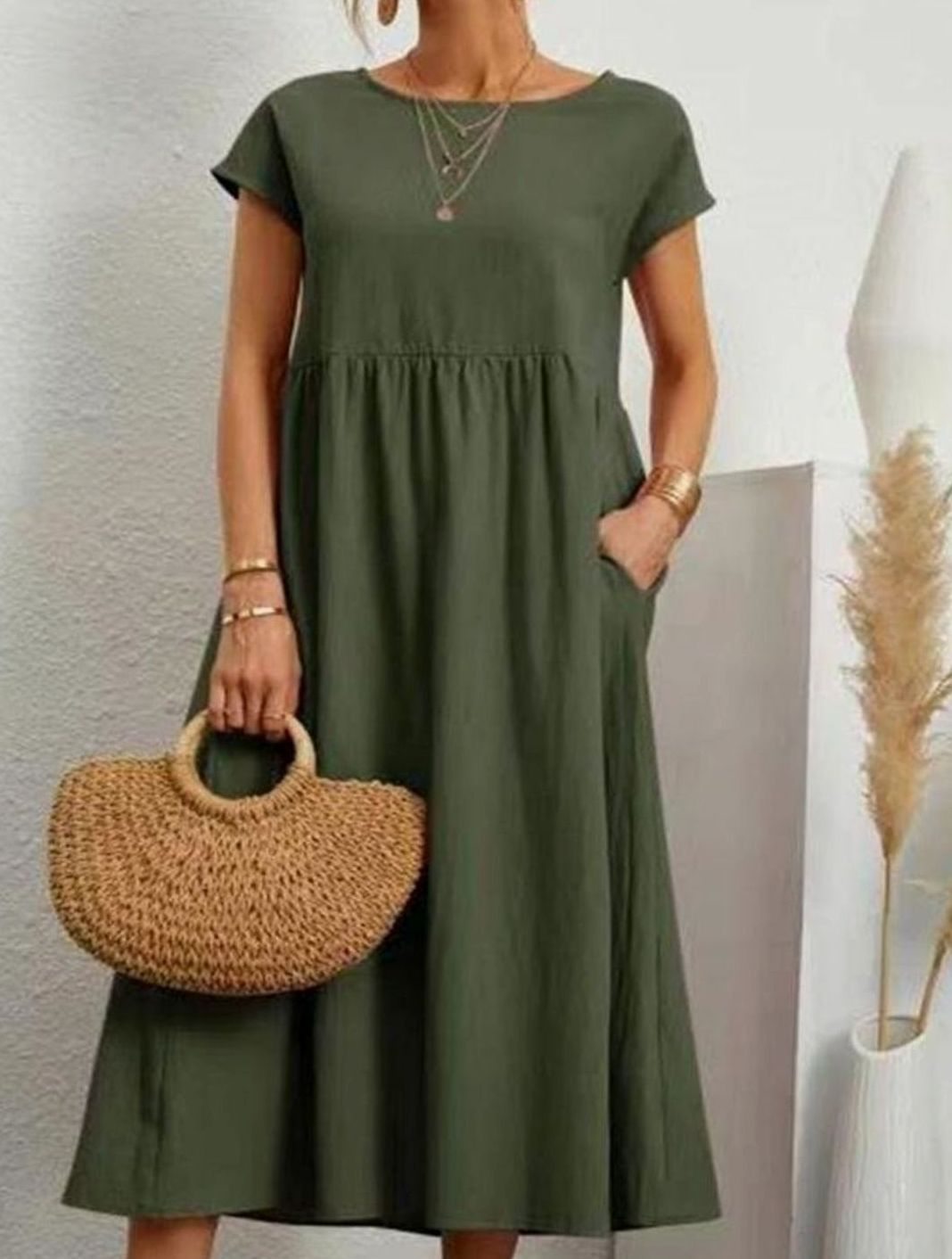 Women's Cotton Short-Sleeve Gathered Midi Dress with Pockets - Dark Green